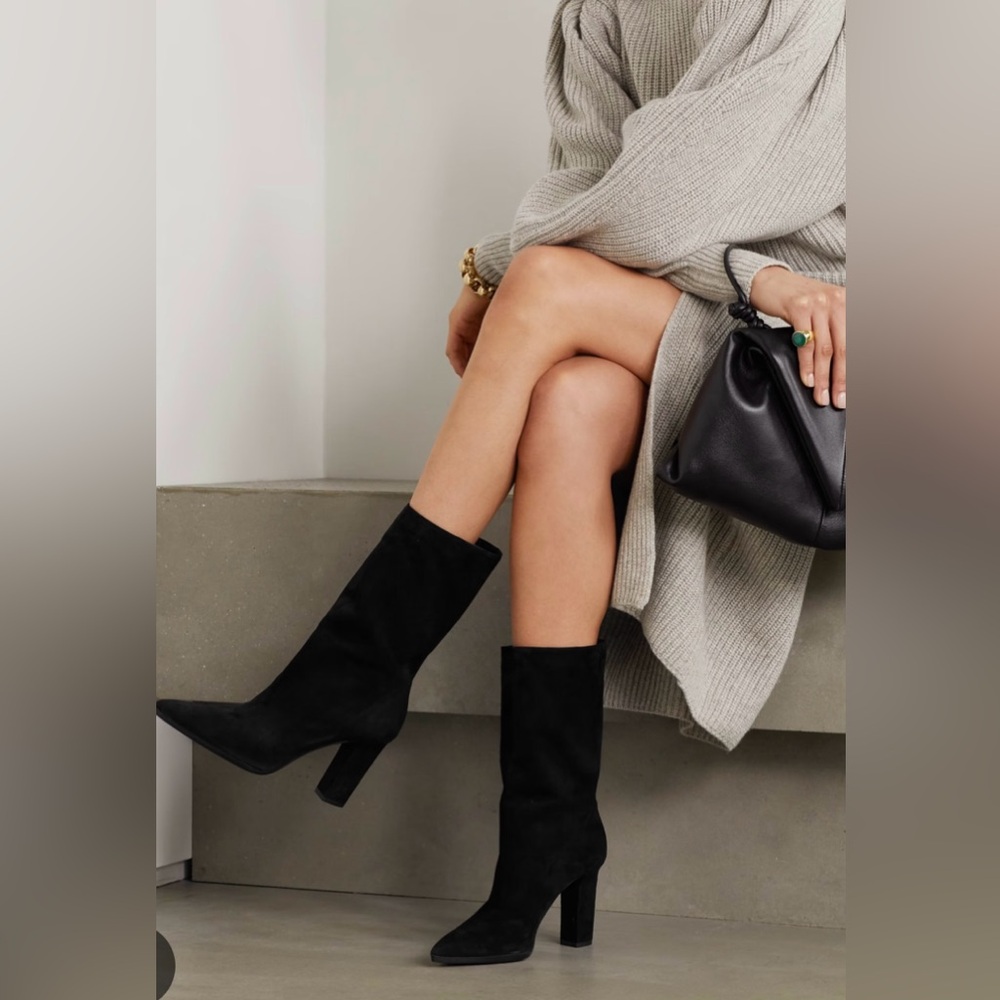 Aquazzura Skyler 90 Black Suede Booties [pointed toe, block heel]